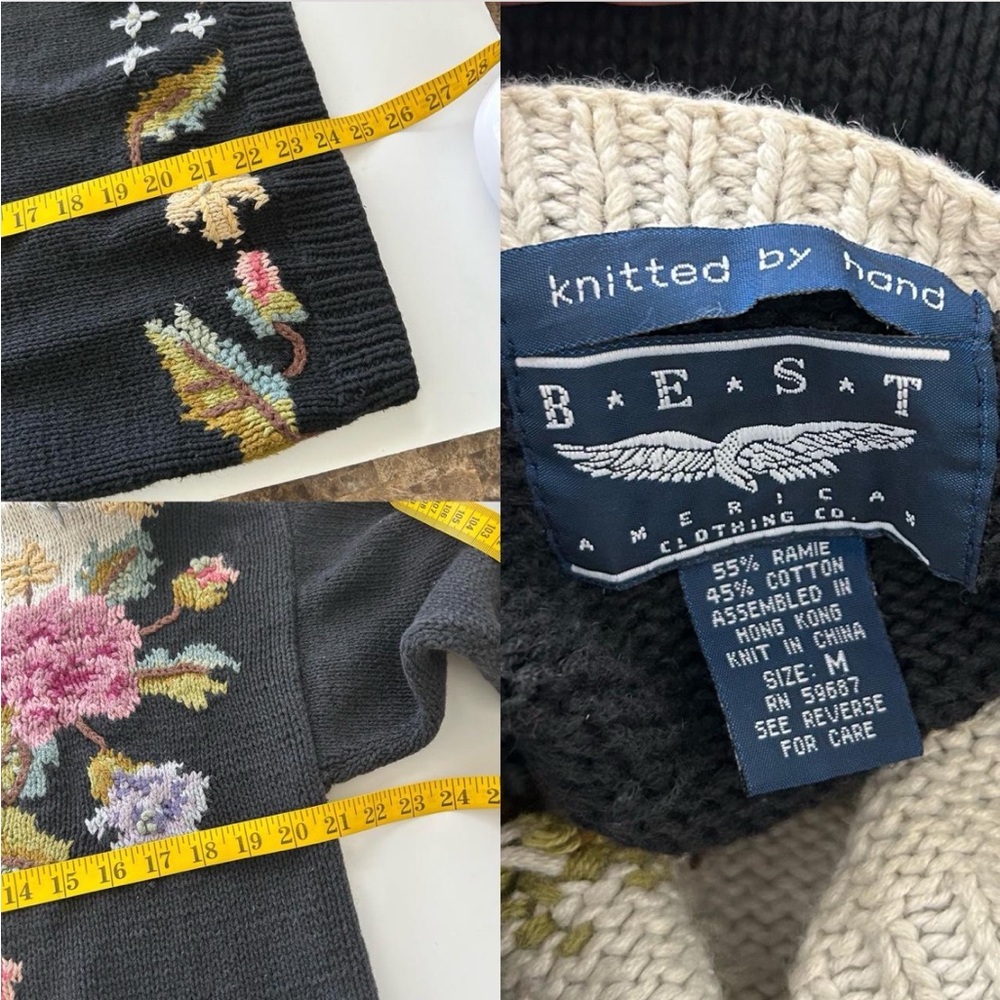Vintage Hand Knit Floral Embroidered Chunky Sweater Cottagecore Knitwear Medium. - Picture 6 of 8